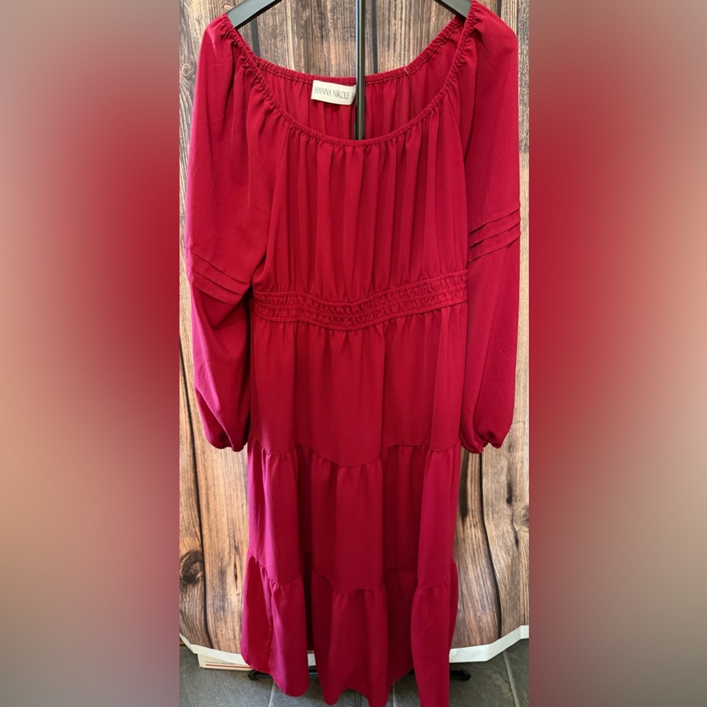 Red Tiered Midi Dress with Smocked Waist - Wine